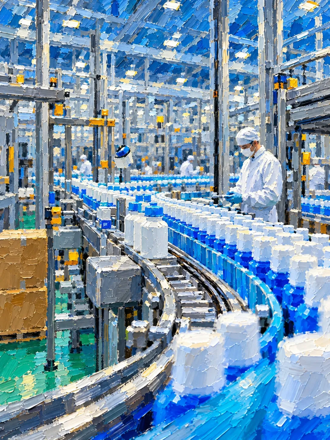 Painting of a bottling line: white bottles with blue caps curve along a conveyor while a masked worker in a white coat inspects them.