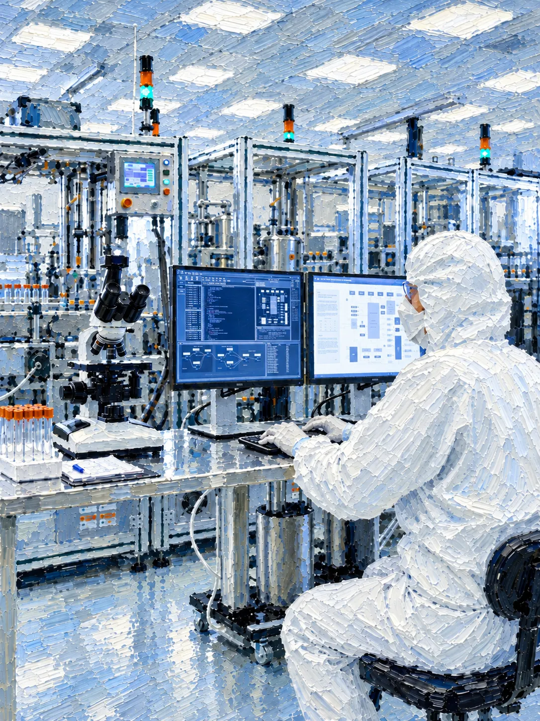 Painting of a pharmaceutical cleanroom: a technician in a white full-body suit works at two monitors beside a microscope and racks of sample tubes.