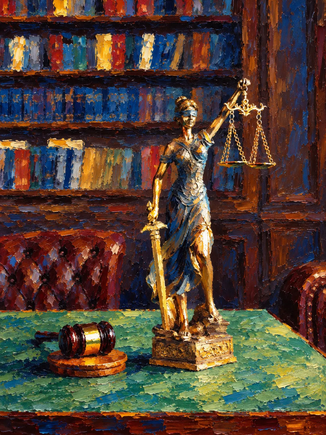 Pintura de un despacho de abogados: una estatua dorada de la Justicia y un mazo sobre un escritorio verde frente a estantes de libros.